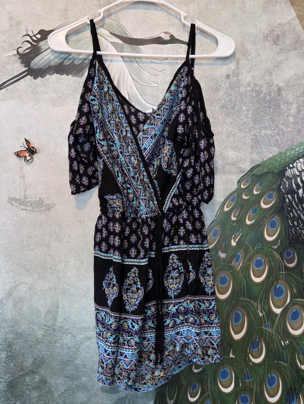 Xhilaration Black One-Shoulder Paisley Print Dress with Teal & Purple